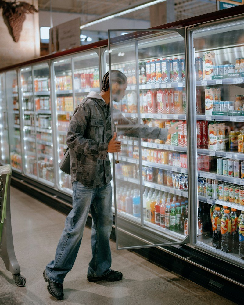 Customer selecting a drink from a refrigerated display